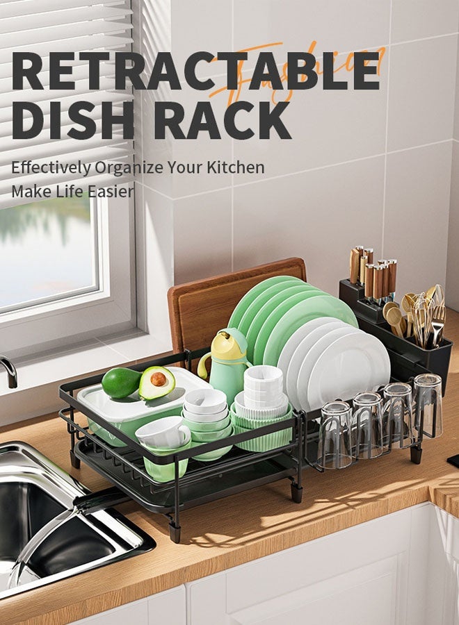Dish Drying Rack for Kitchen, Dish Drying Rack, Dish Rack Dish Drying Stand,Large Extendable Dish Rack, Multifunctional Adjustable Dish Dryer Drainer,Stainless Steel Dish Strainer with Utensil Holder, Black - Image 3